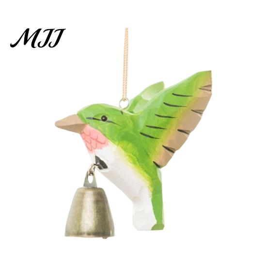 Eco Friendly Hanging Ornament Hand Carved Wooden Bird Wind Chime, Rustic Bell Decor Handmade Hummingbird Chimes with Rope, Wood Pendant for