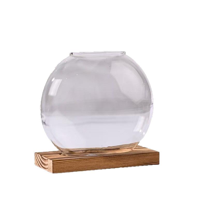 Creative Wooden Base Glass Vase, Green Ivy Plant Transparent Flowerpot, Home Decoration, Office Desktop Display Item