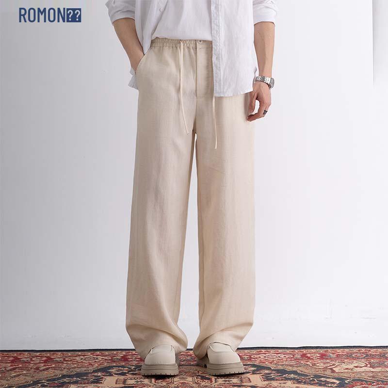 ROMON Men's Tencel Linen Casual Straight Leg Pants