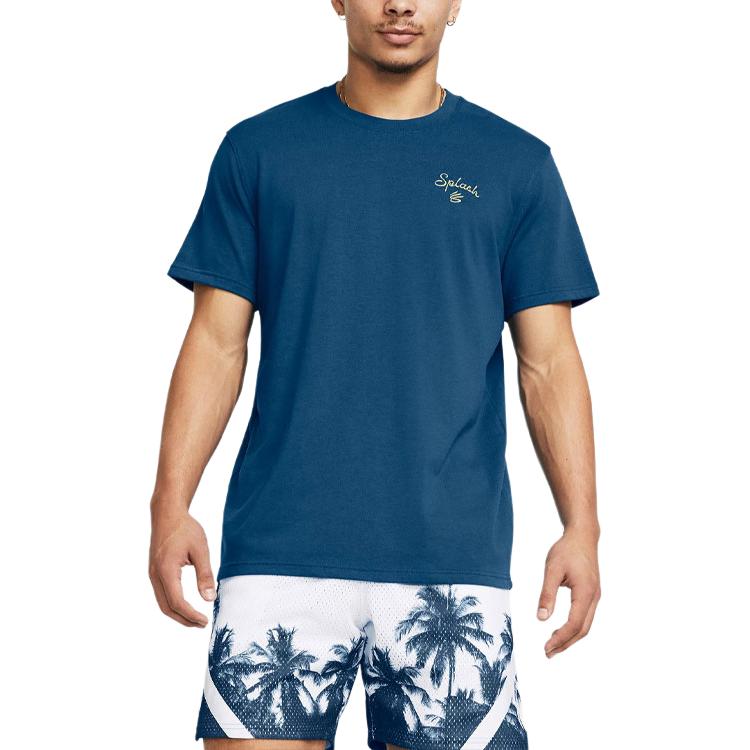 Under Armour Printed Logo Solid Color Round Neck Nautical Short Sleeve T-Shirt Men T-Shirts Blue 1383379-426