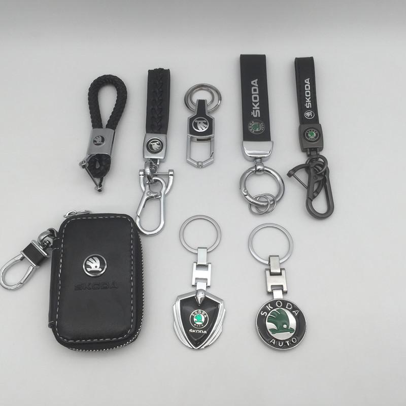 AAFO1 1pcs Metal+Leather for skoda Car Key Cover Case Wallet Emblem Keychain key chain Keyring bag badge Decal styling Accessories