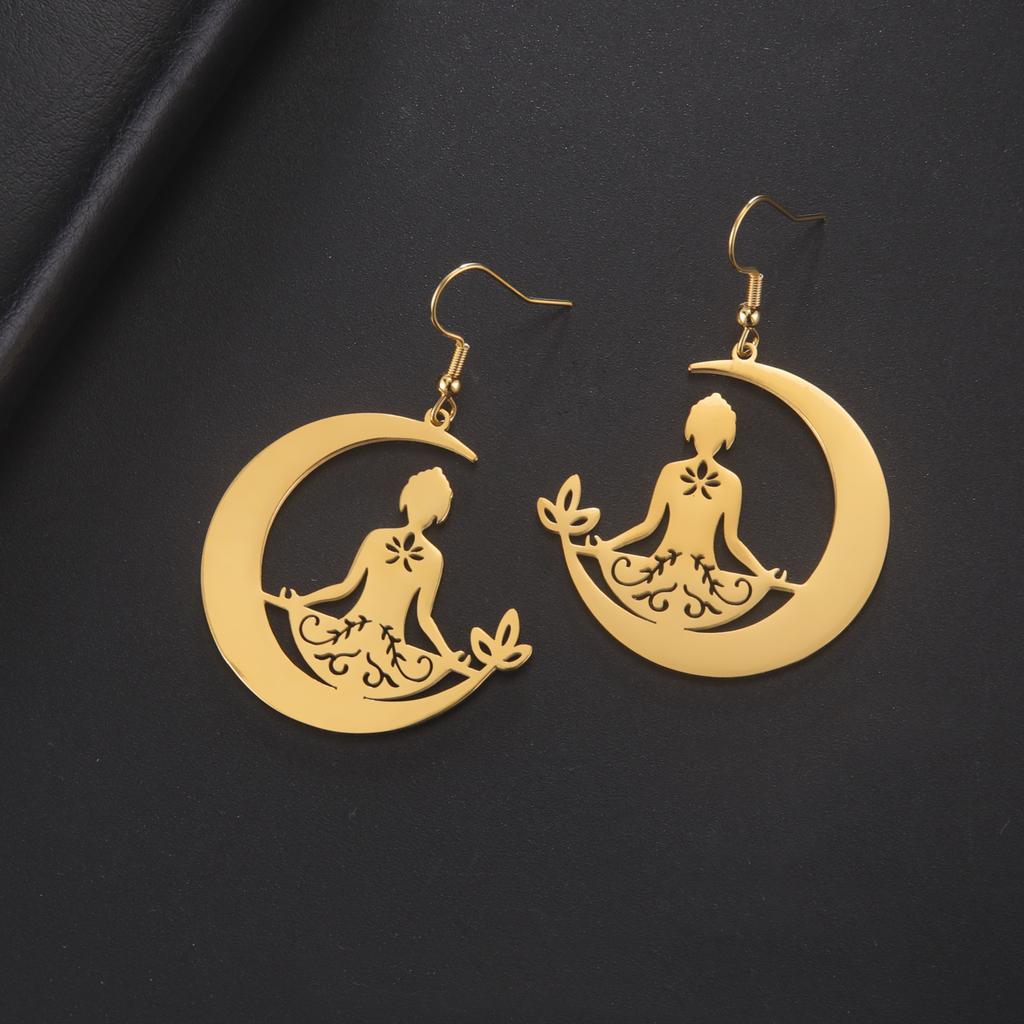 Lemegeton Moon Meditator Yoga Earrings Stainless Steel Pendant Earrings Women's Personalized Jewelry Gifts