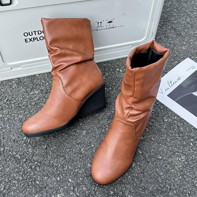 Mode Böhmen Einfarbig Braun Pu Mid-Calf Stiefeletten Damen 2025 Herbst Runde Zehenpartie Rutschfest Keilabsatz Stiefel Mode Plissiert Slip-On Stiefel