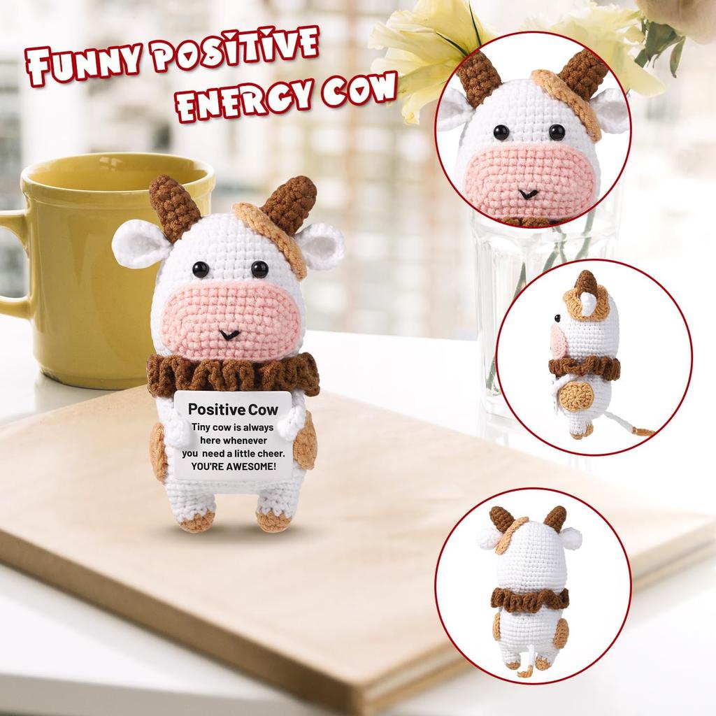 TOYMIS Positive Cow Crochet, Positive Cow Knitted Cow Crochet Cow Pattern Knitted Cow Wool Crochet Doll for Party Decorations Encouragement Gifts