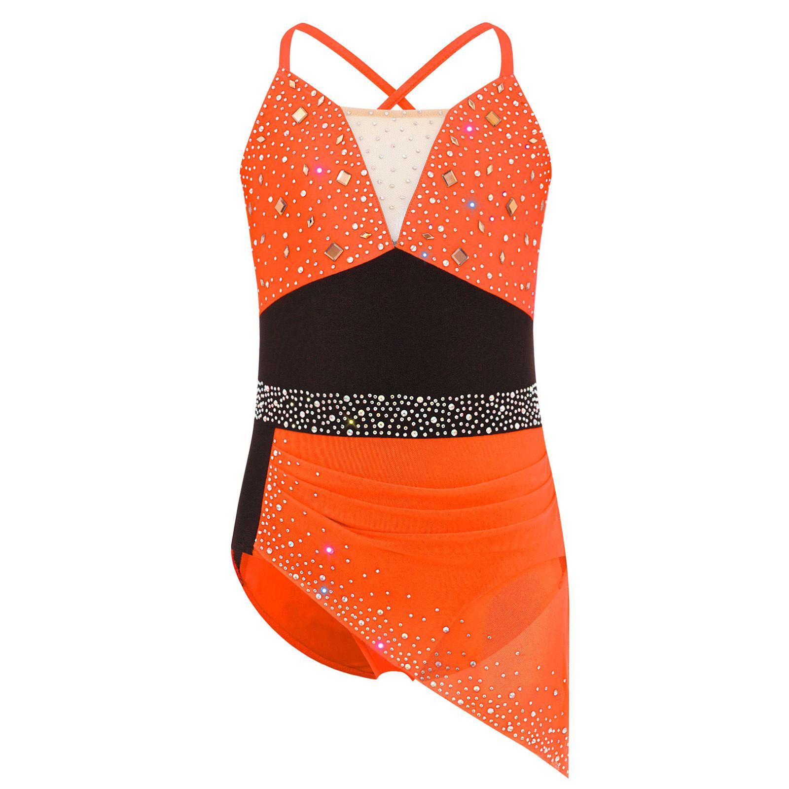 

Сукня для фігурного катання для дівчаток з перехрещеною спинкою, на бретелях-спагеті, зі стразами, з драпіруванням, асиметрична сітчаста сукня 9-10 Years помаранчевий