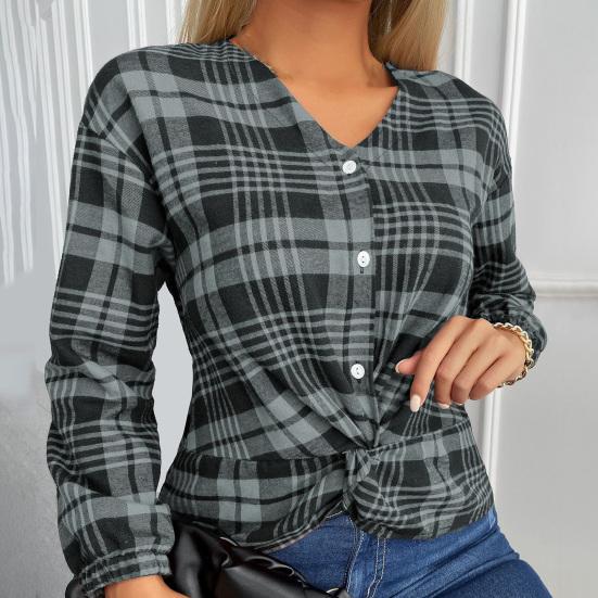 

Women Shirt Plaid V Neck Vintage Buttons Blouse