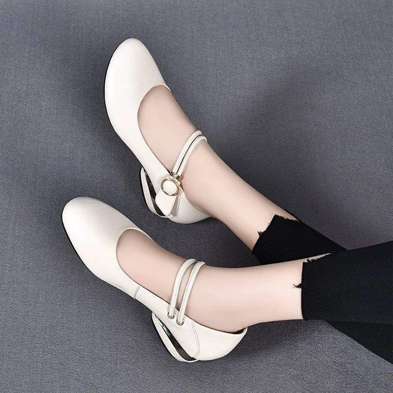 Coarse Heel Single Shoes Women's Spring and Autumn Mother Shoes Flat Bottom Low Heel Round Head Women's Leather Shoes Soft Sole