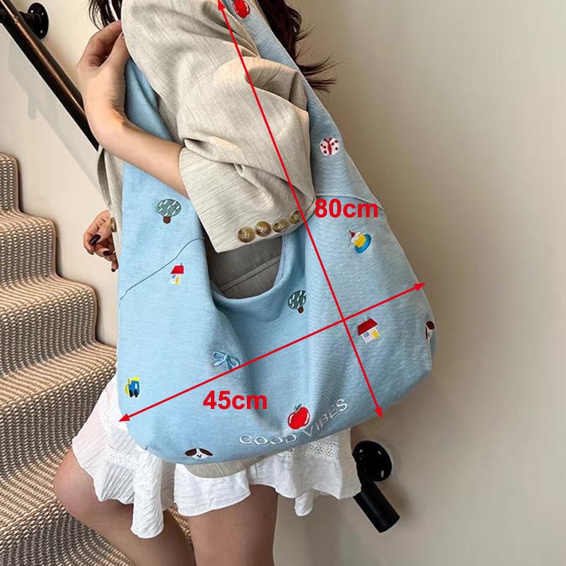 Korean Embroidered Denim Tote Bag Women'S  Sle Large Capaci Commuter Denim Oulder Crossbody Bag Tote Bag