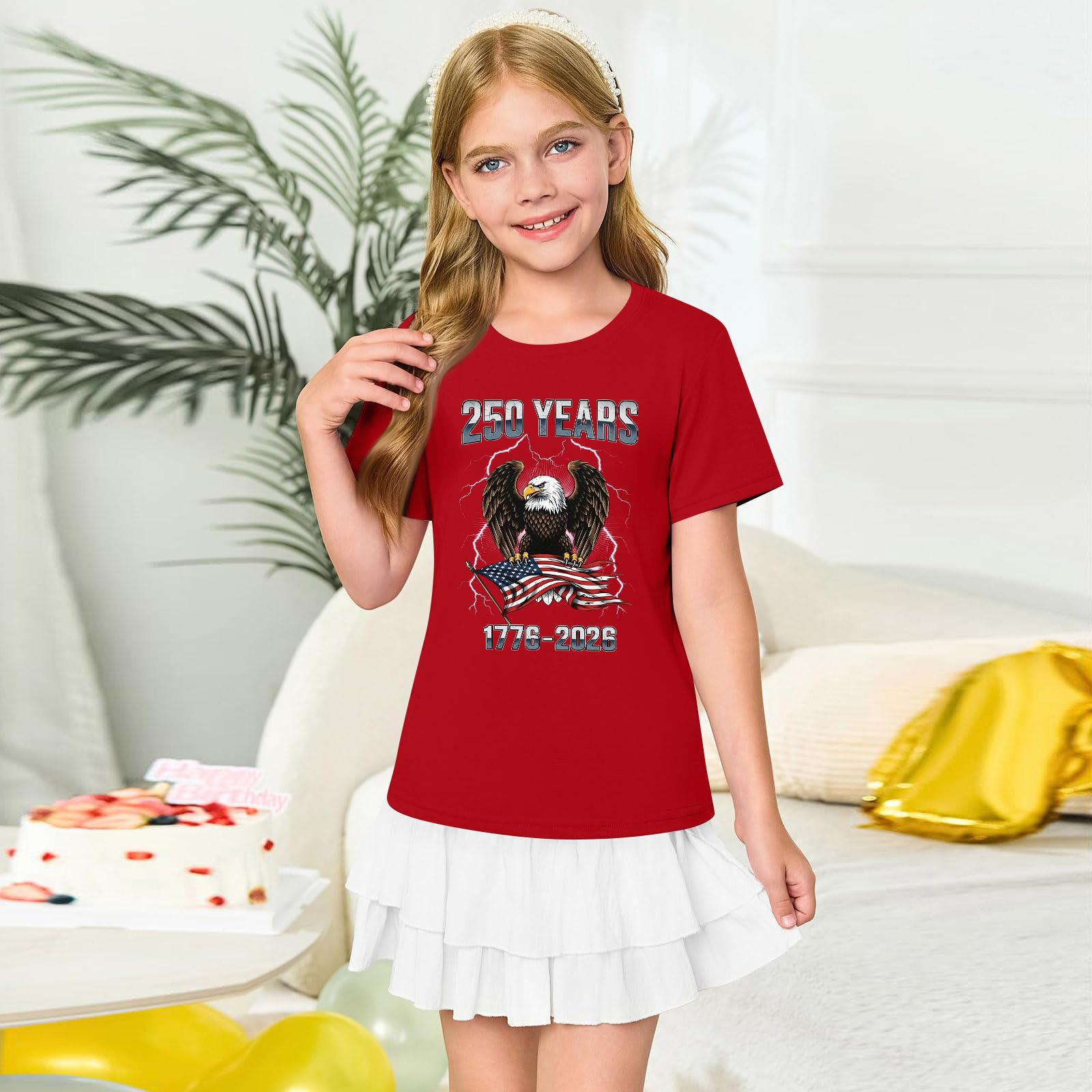 Girls  Round Neck Short Sleeve Printed Casual Short Sleeve 160 красный