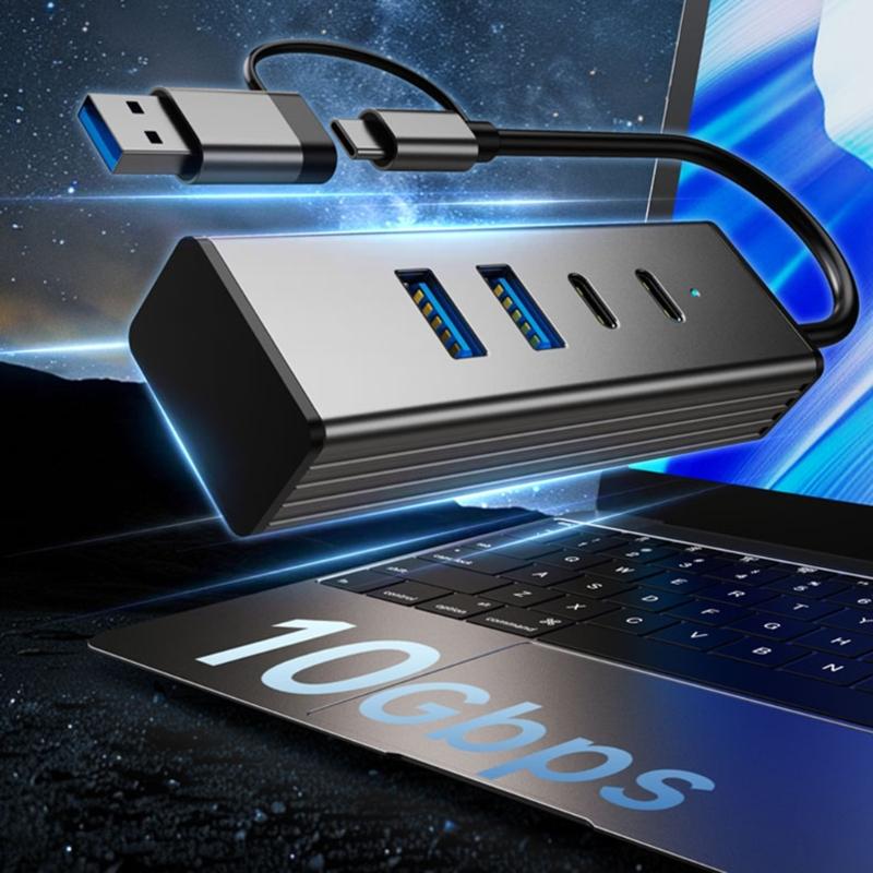 4 Port USB 3.2 Hub with USB C Port 10Gbps Data Transfer Wide Compatibility for Laptops Tablets Smartphones and More
