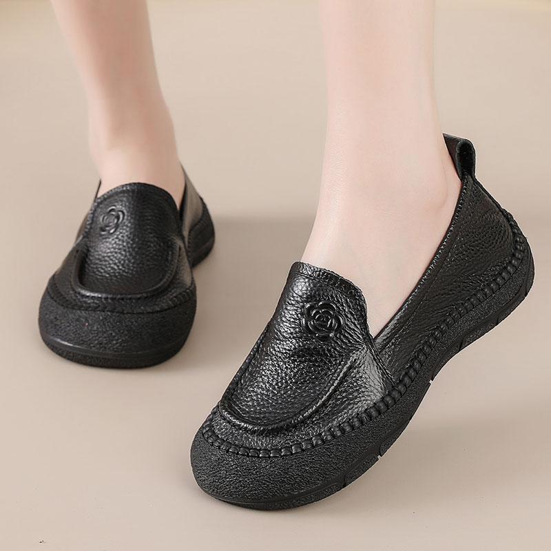 Dámské retro mokasíny z pravé kůže s kulatou špičkou, protiskluzové baleríny, měkké každodenní pracovní a volnočasové vycházkové boty, boty pro matku
