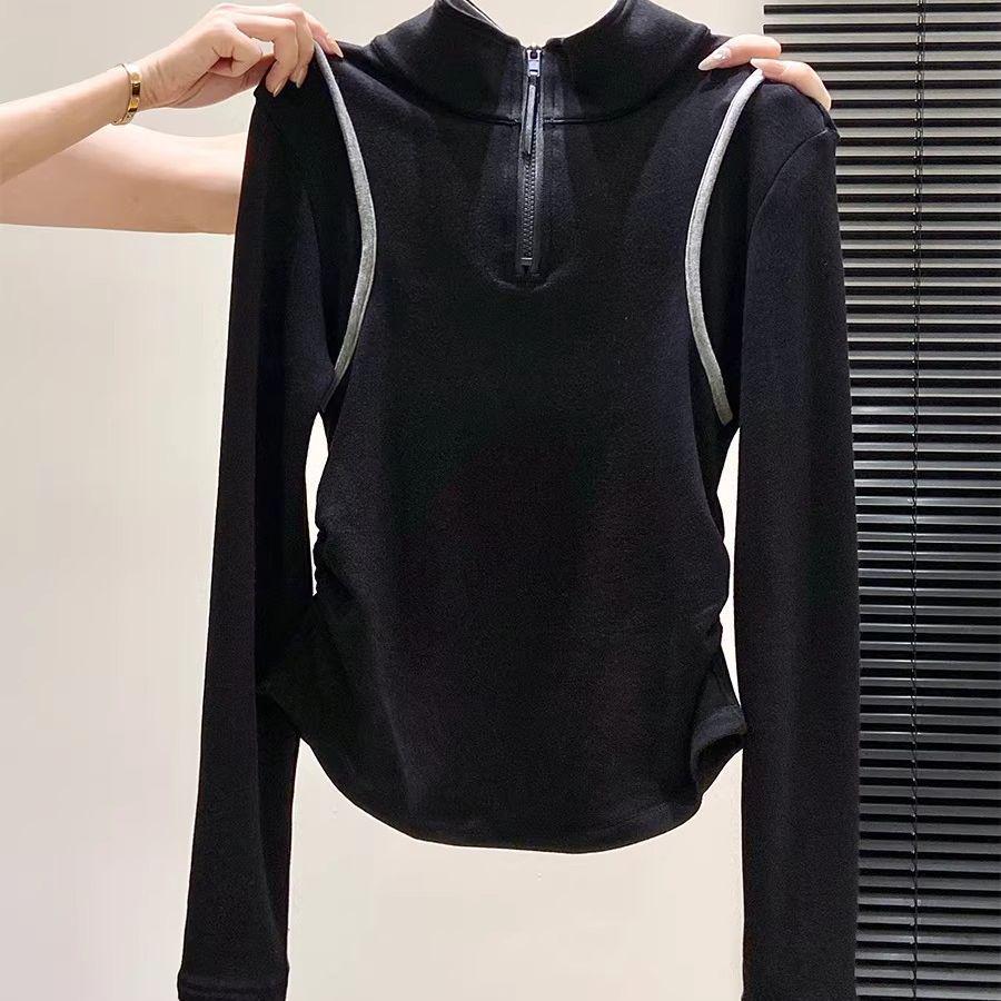 

Women s Korean Stand Collar Contrasting Half-Zip Long Sleeve Slimming Top with Plus Velvet - Autumn/Winter Waist-Cinched Style XL (115-130 jin) чёрный