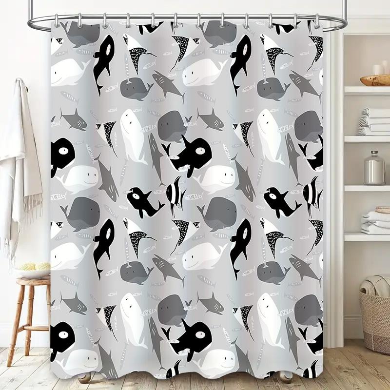 Whale Shower Curtain Set Waterproof Ocean Animal Pattern Bathroom Decor Whale Lover Gift Sea Life Fabric Backdrop Vintage Coasta
