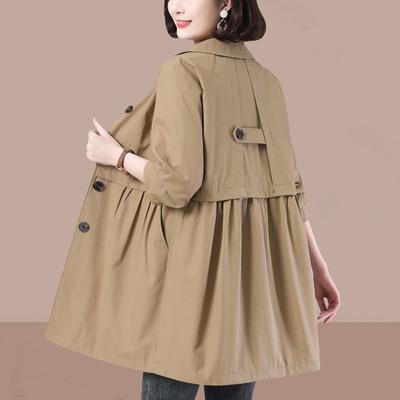 Spring and Autumn Women's Long Wind Jacket, Drawn Fold Waist Versatile Coat