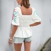Women's Casual Bubble Sleeve Shirt Square Neck Design Embroidered Shirt