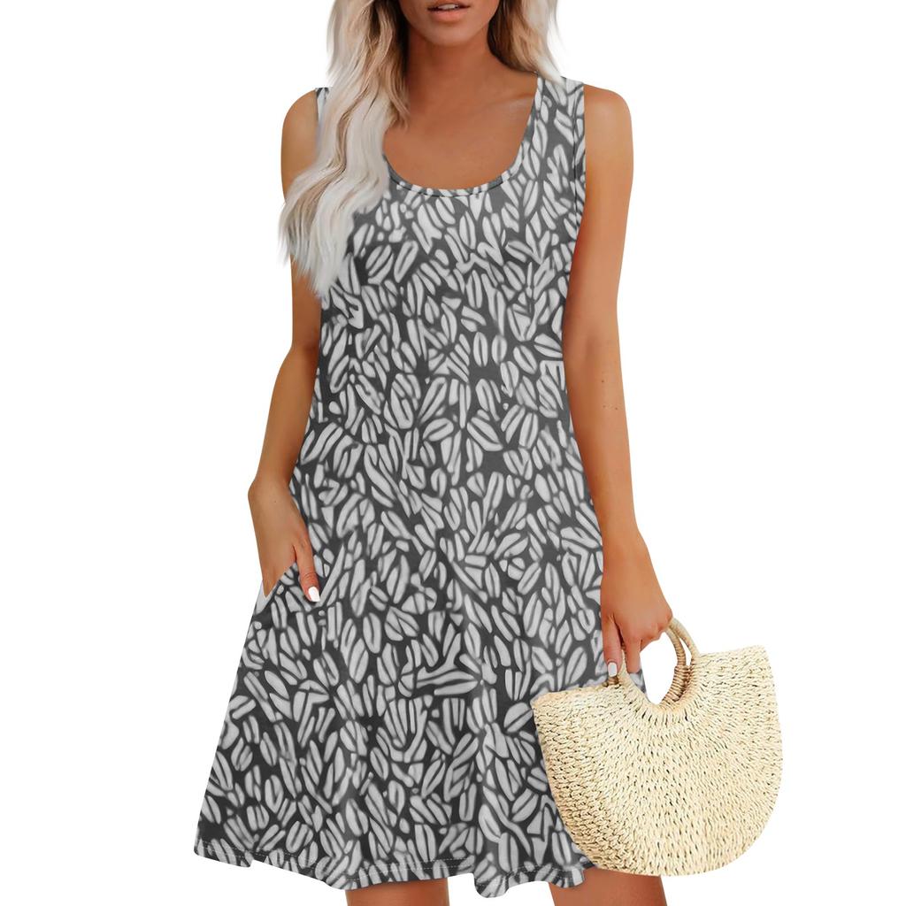 Women's Summer Leaf Print Fashion Casual Square Neck Sleeveless Dress With Pockets