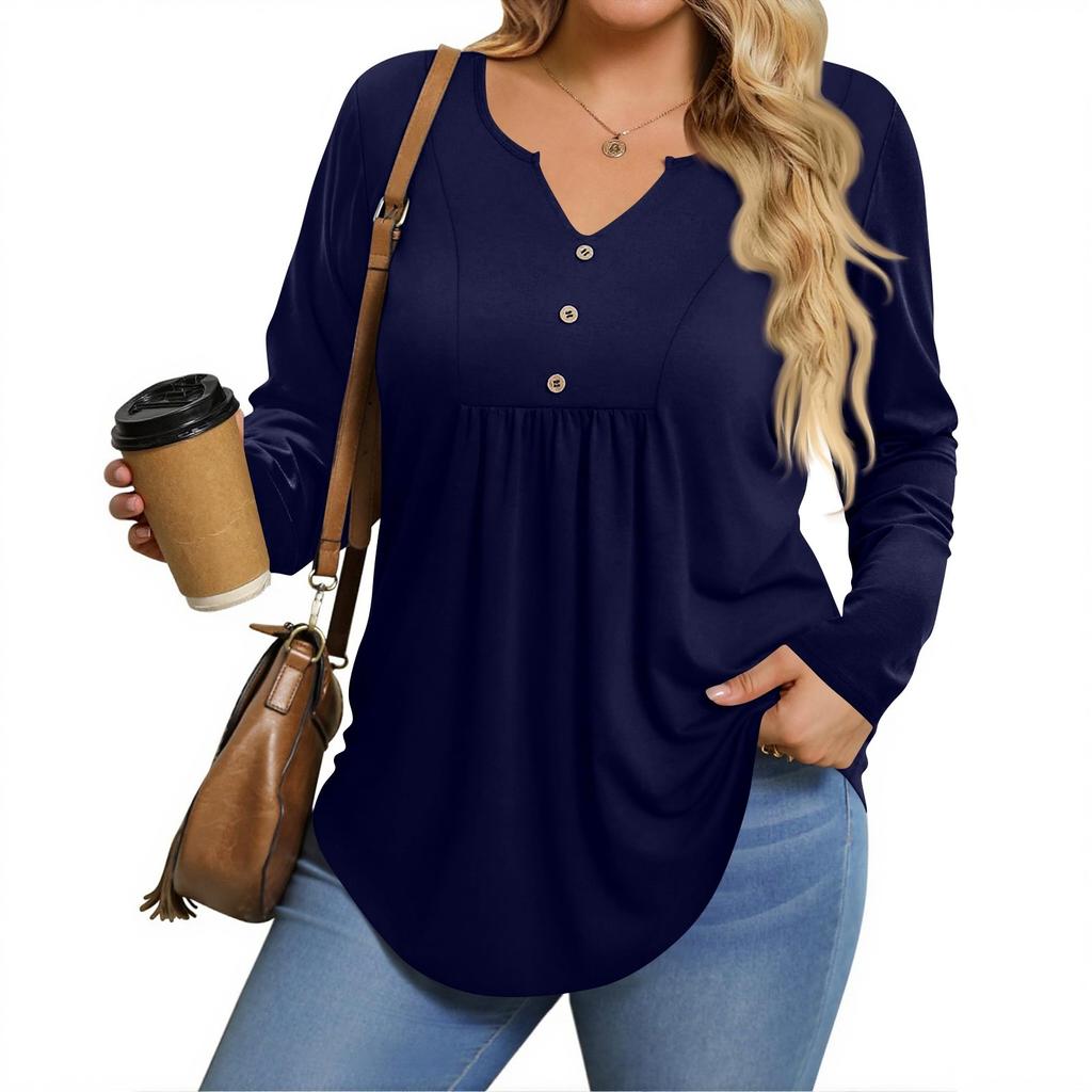 Womens Plus Size Long Sleeve Shirts  V Neck Tunic Tops Basic Loose Fit Tee Tops