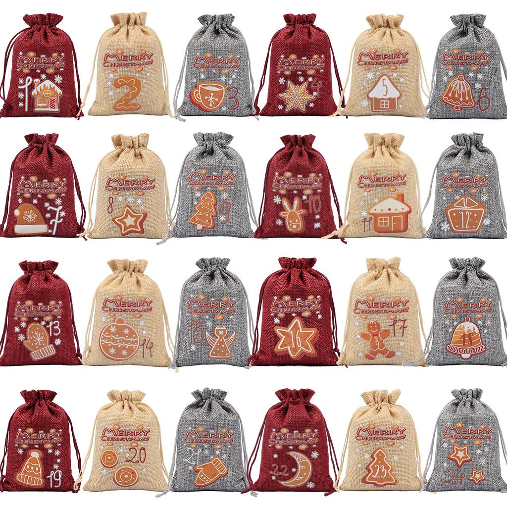 Conjunto de 24 Sacos de Presente de Natal 24 Calendário de Chegada Saco de Cordão de Doces de Natal Saco de Cordão de Linho de Natal