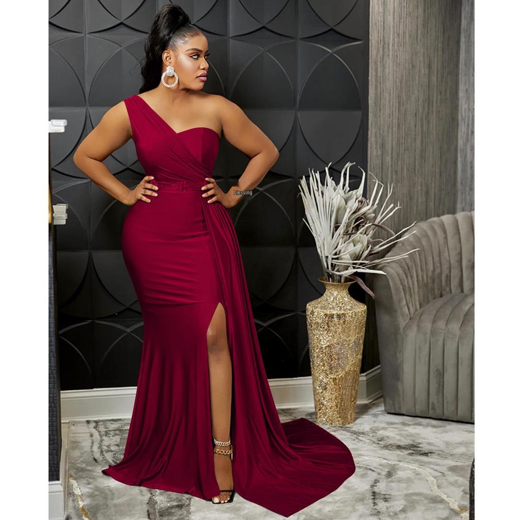 One-Shoulder Solid Color Fashion Bodycon Long Party Dress for Women