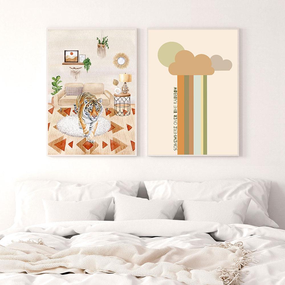 Boho Tiger Poster Minimal Abstract Art Print Rainbow Sunshine Neutral Canvas Painting Modern Wall Picture Living Room Home Decor