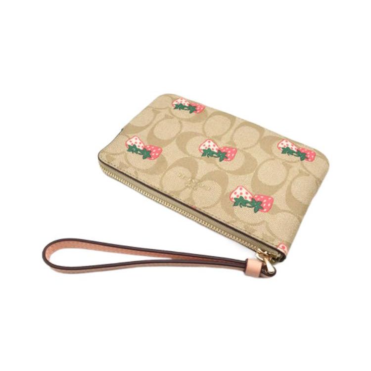 Coach Corner Zip 16 Classic Floral Strawberry Print Coated Canvas Leather Wallet Clutch Small Women wallets Light-Khaki CB592-IMOT4
