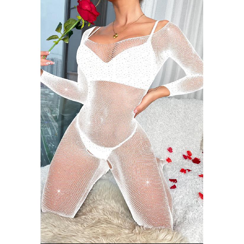 Lenjerie Sexy Fierbinte cu Strassuri Decupată la Între picioare Nu se Scoate Rochie O piesă Sexy cu Plasă și Strassuri
