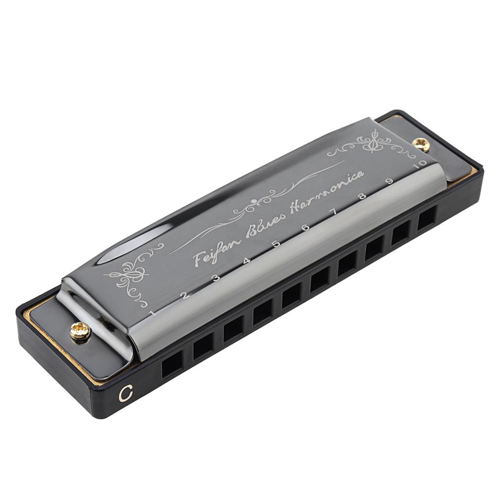 10 Holes KeyC Blues Harmonica Beginner Gifts Brass Reed Plate Black Mouth Organ 20 Tunes