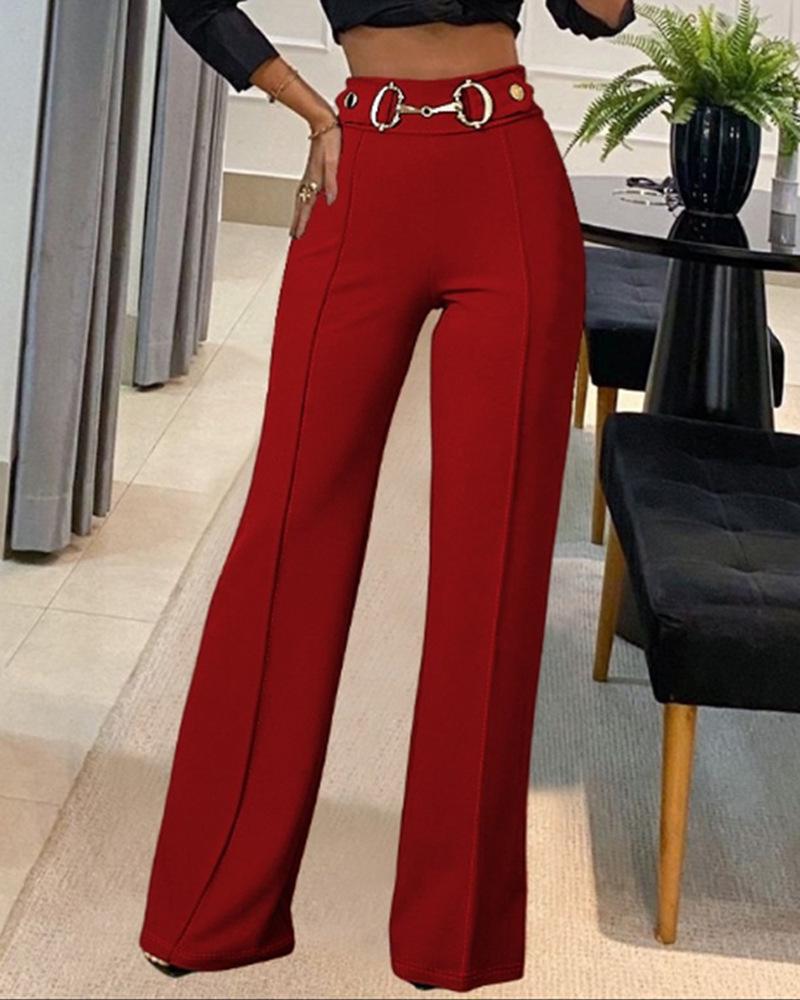 Women's High Waist Straight Leg Pants with Metal Buckle - New Solid Color Fashion Arrivals
