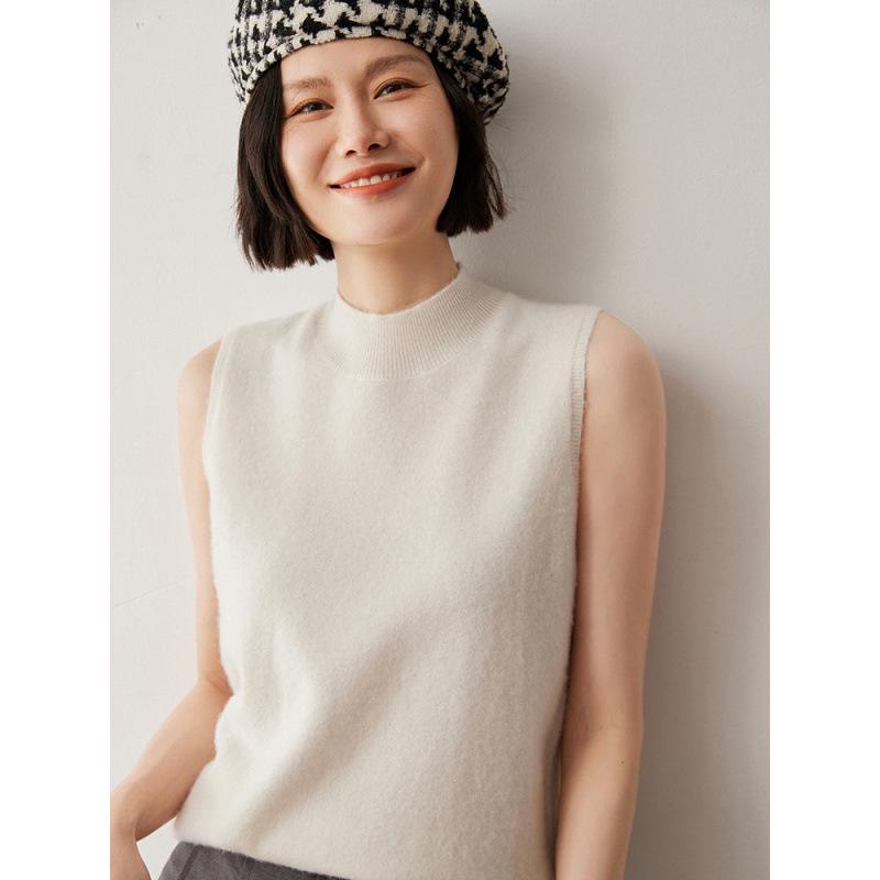 Women's Sleeveless Cashmere Wool Vest - Autumn/Winter High Neck Knit Sweater Base Layer