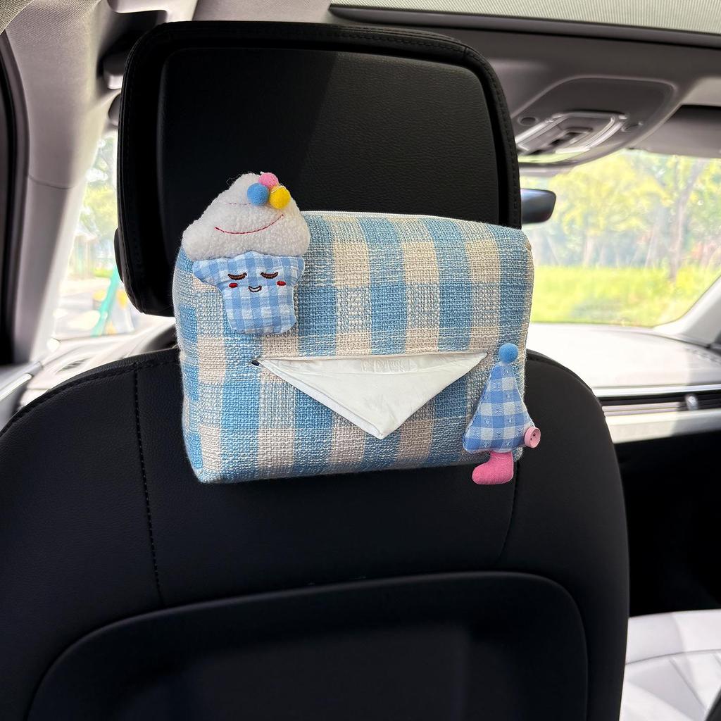 Cartoon Bear & Bunny Plaid Tissue Box for Car Seat Back, Armrest, or Sun Visor