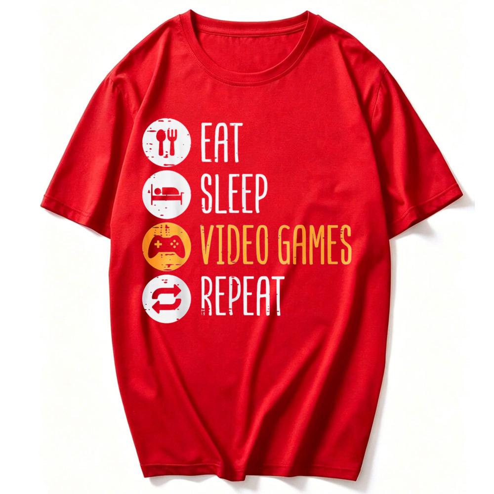 Eat Sleep Video Games Repeat Gaming Gamer Unisex Boys Teen Tshirt Funny Outdoors Summer High Quality Cotton Shortsleev Tees Top