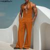 INCERUN Men Deep V Neck Zip-up Casual Long Rompers Jumpsuits