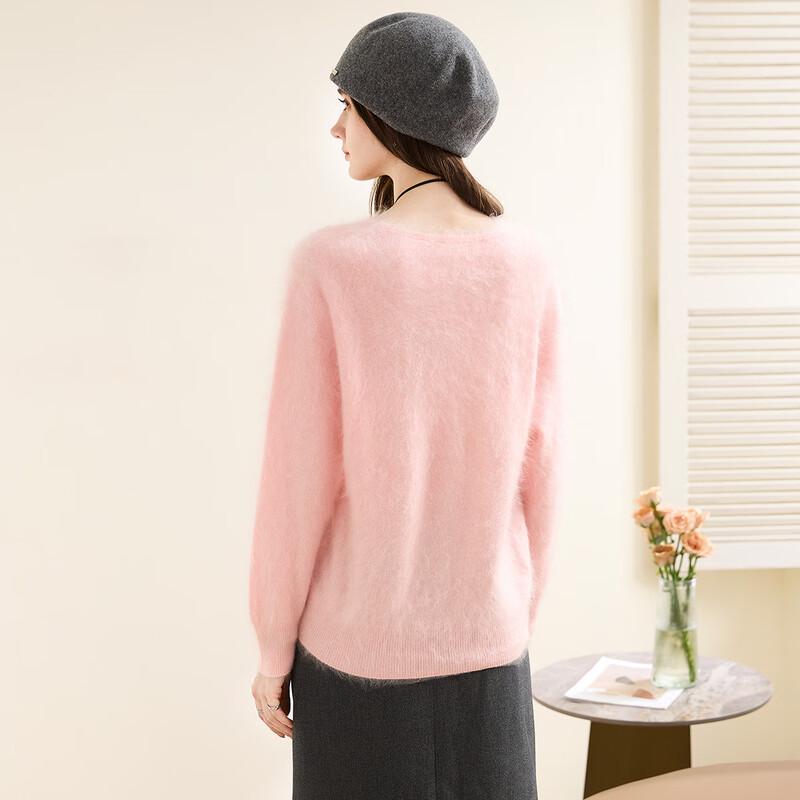 TUHUANG Women's Seamless Brushed Pure Cashmere V-Neck Sweater