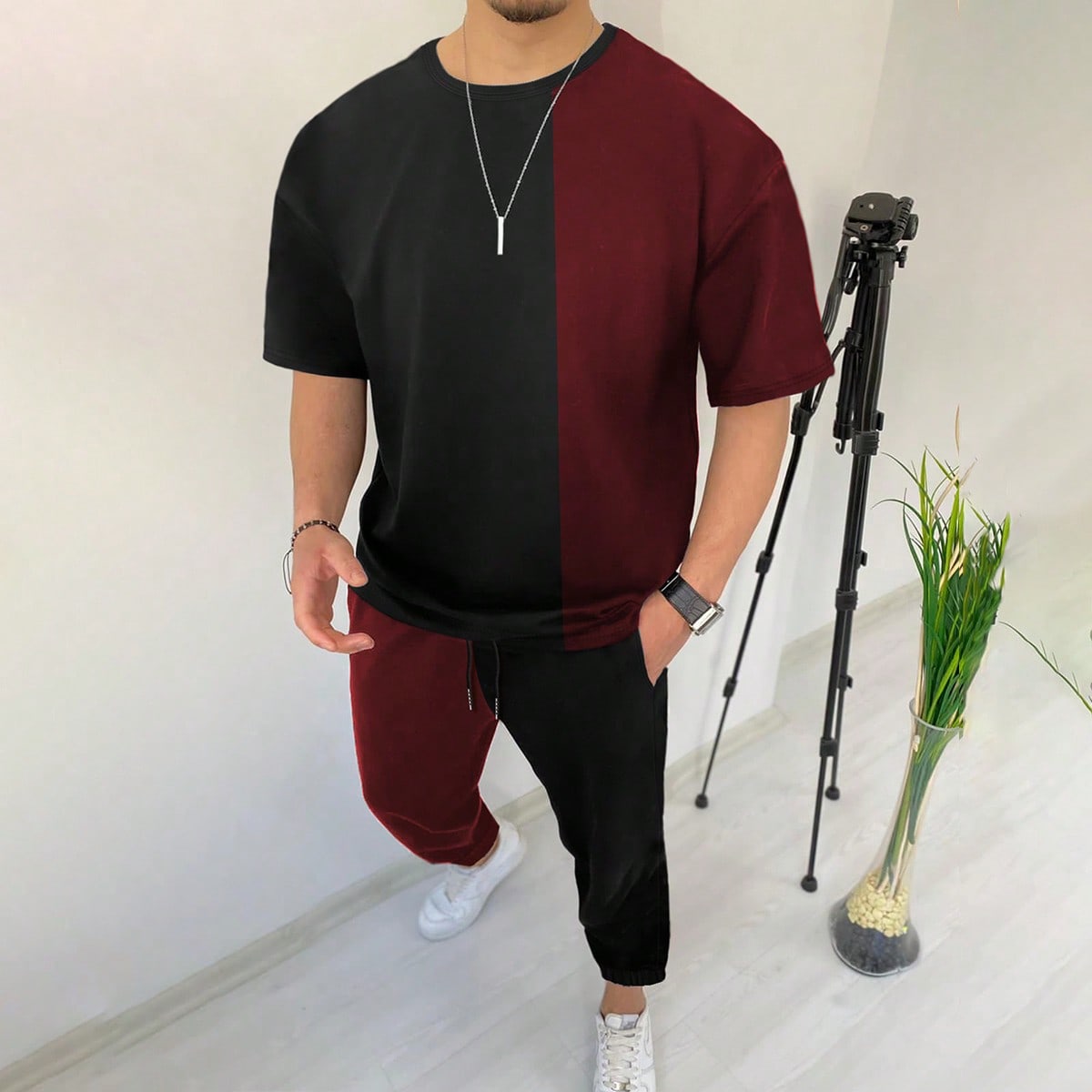 

Европейская модная одежда, комплект из двух предметов. Мужская мода, футболка с короткими рукавами и брюки с 3D-принтом для мужского отдыха на природе, комплект из двух предметов. S красный/чёрный