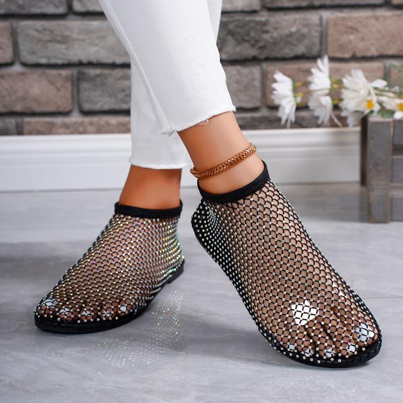 Ladies' Summer Round Toe Sandals with Hollowed Out Internet Celebrity Studded Diamond Short Boots, Sexy Plus Size Flat Shoes, Breathable
