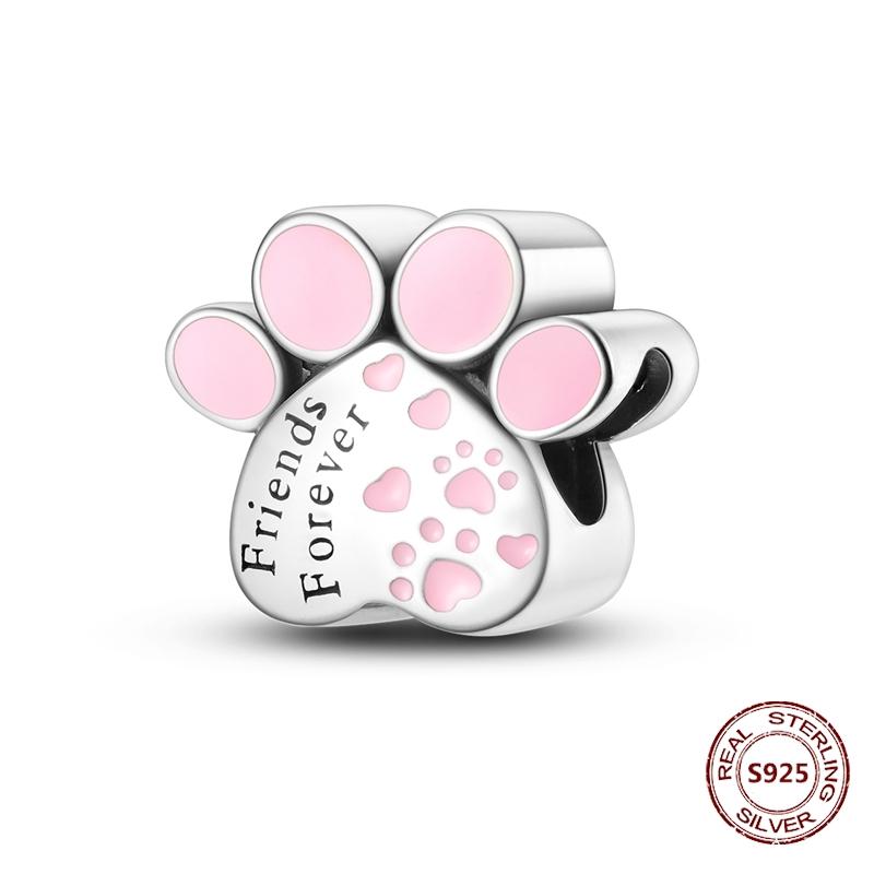 Copper Original Dog Cat Safety Chain Lazy Cat Pink Zircon Pet Paw Print Footprint Charms Fit Bracelet For Women Diy Jewelry
