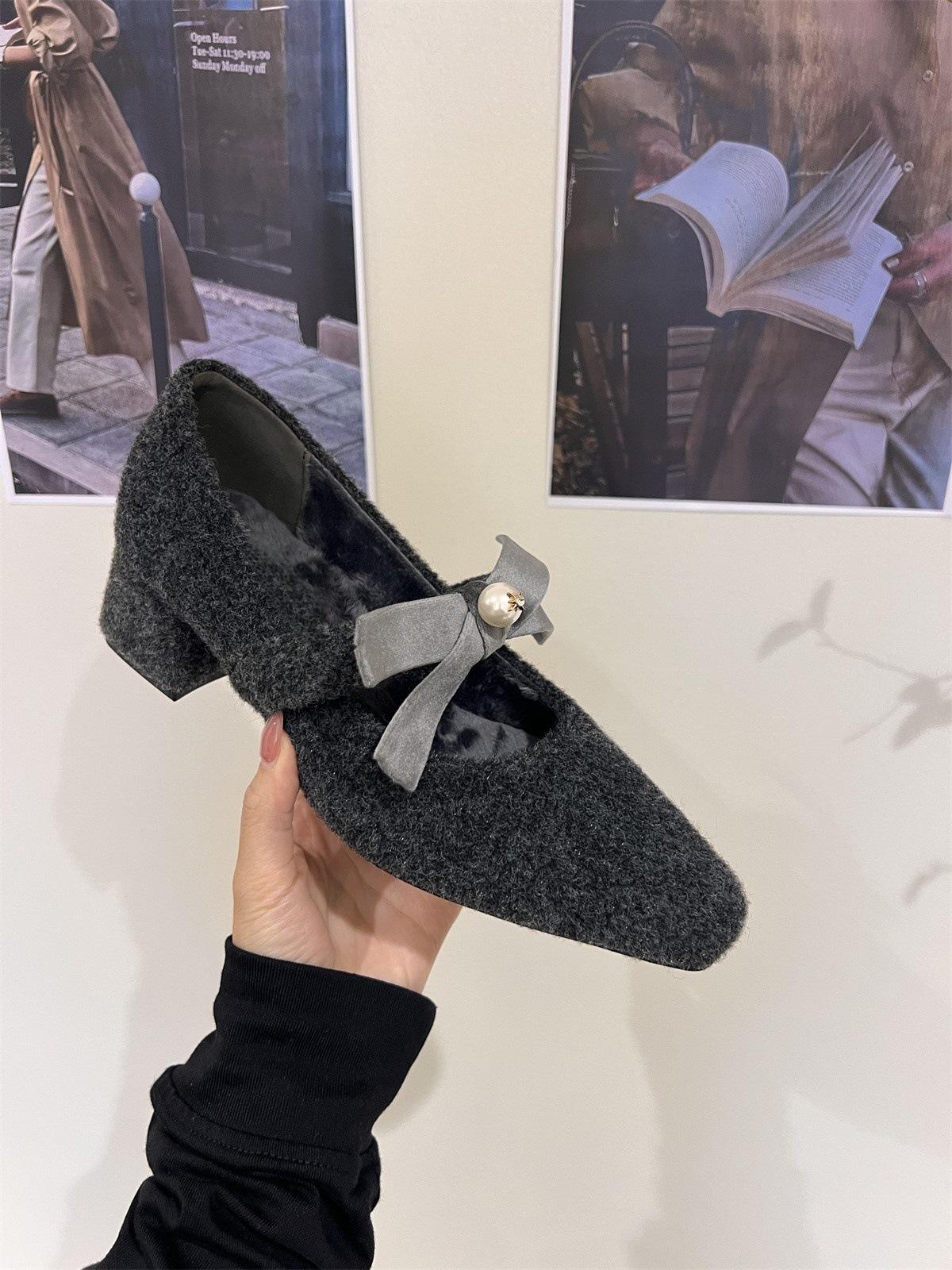 

Thick heel gray single shoes with skirt evening shoes shoes season plush Mary Jane fluffy shoes 39