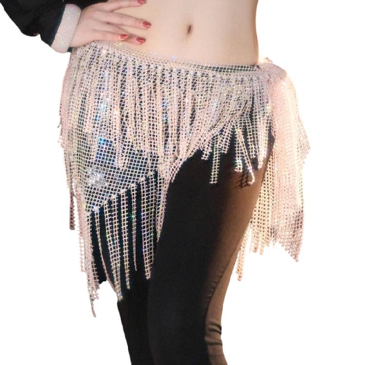 Belly Dance Hip Scarf Long Tassels Belly Dance Waist Chain with Rhinestones Decoration Belly Dance Belt Wrap Skirt