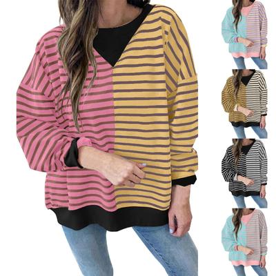 Women's Loose Casual Fashion Striped Color Blocked Loose Sweatshirt Long Sleeved Sweatshirt