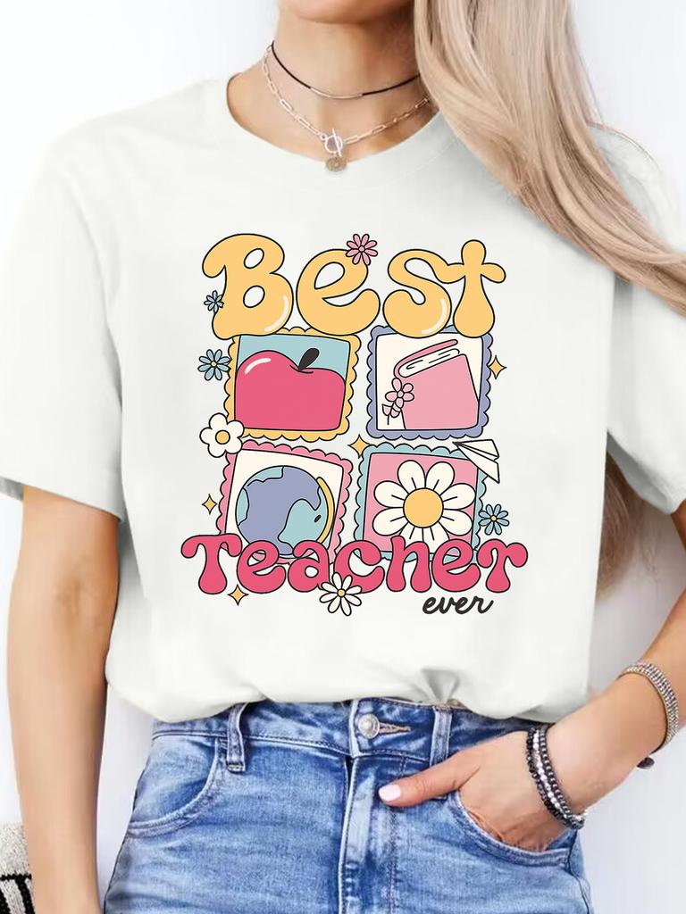 Spanish Letter Print Spring Summer Casual Round Neck Short Sleeve Sports T-Shirt Women's Top
