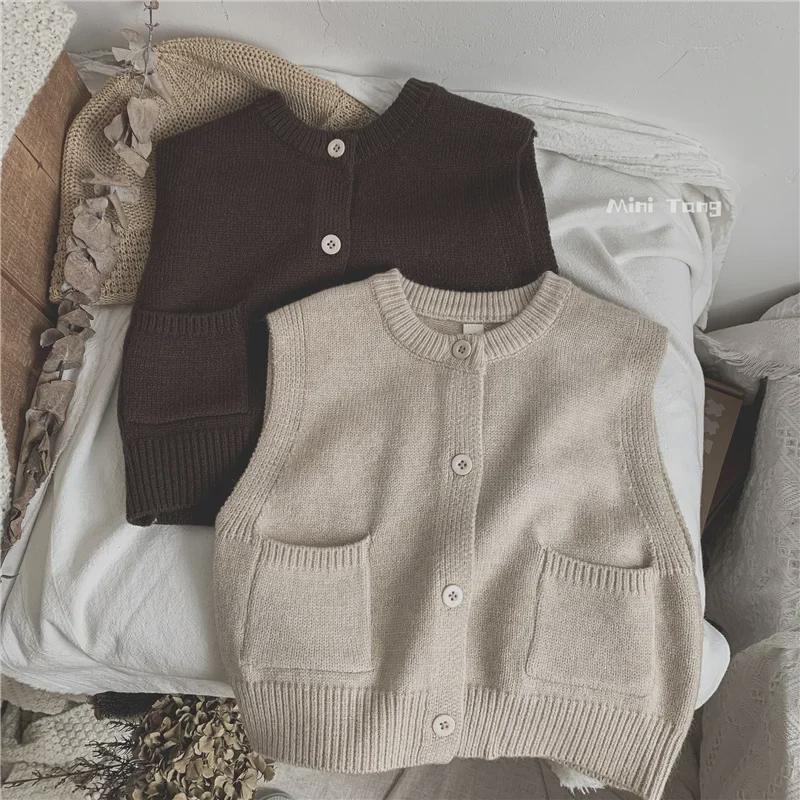 Forest Style Knitted Vest: Solid Color Cardigan for Boys and Girls - Trendy Spring & Autumn Children's Wear