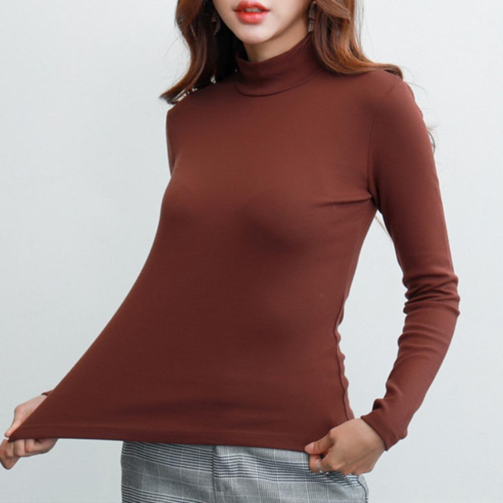 Women's Mock Neck Long Sleeve Thermal Top Slim Fit Thick Double Sided Fleece Polyester High Stretch Solid Color Korean Warm Winter Layering T Shirt