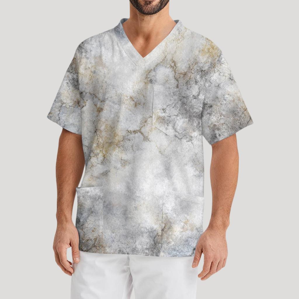 Men's Printing Short Sleeve V-neck Working Blouse Chest Pocket Carer Top