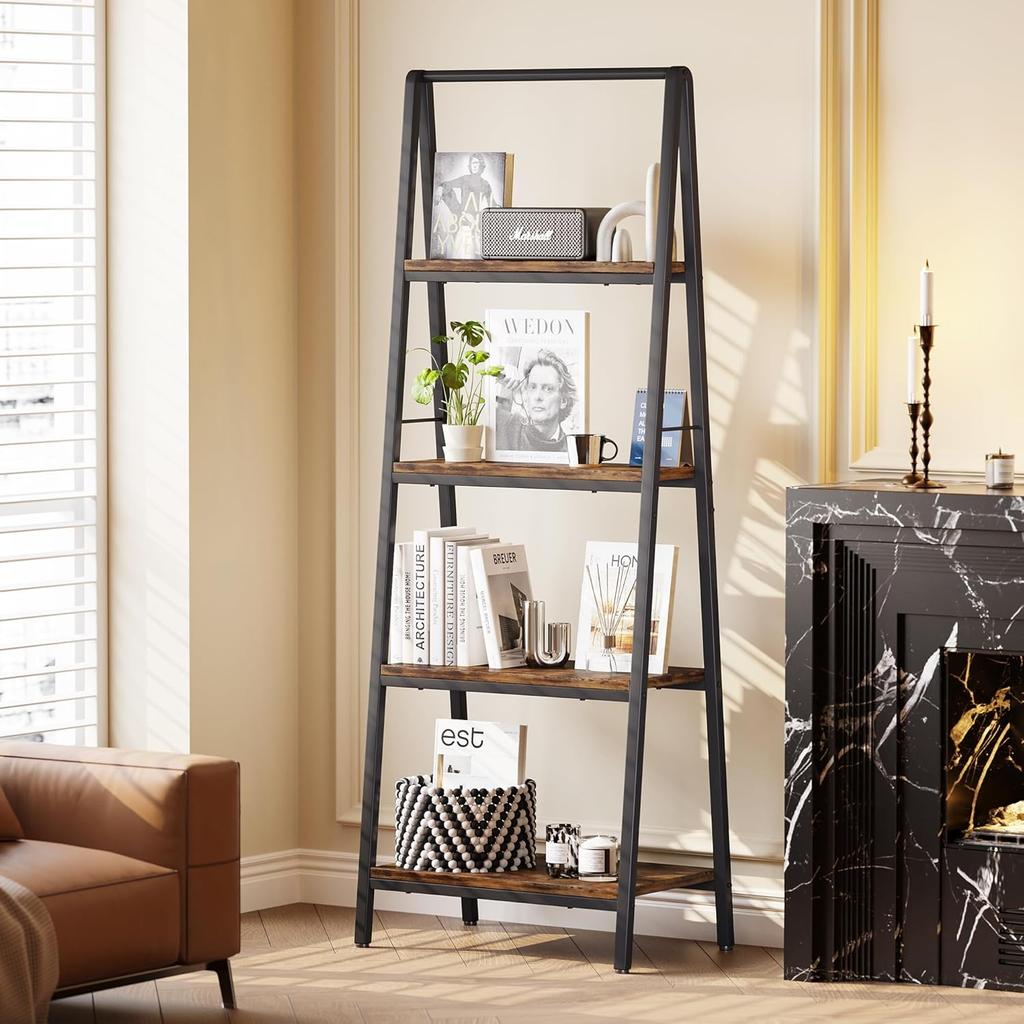 YIJIALEA Ladder Shelf, 4-Tier Leaning Ladder Bookshelf, Rustic and Wood Ladder Shelf Bookcase, Industrial Ladder Shelf Storage Rack for Home Office,
