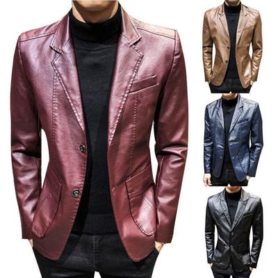 Autumn Winter Men Solid Color Faux Leather Suit Jacket Long Sleeve Lapel Blazer