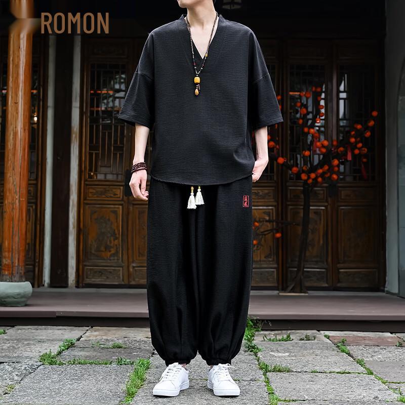 Romon Men s New Chinese Style Summer Loose Half-Sleeve Suit 2XL