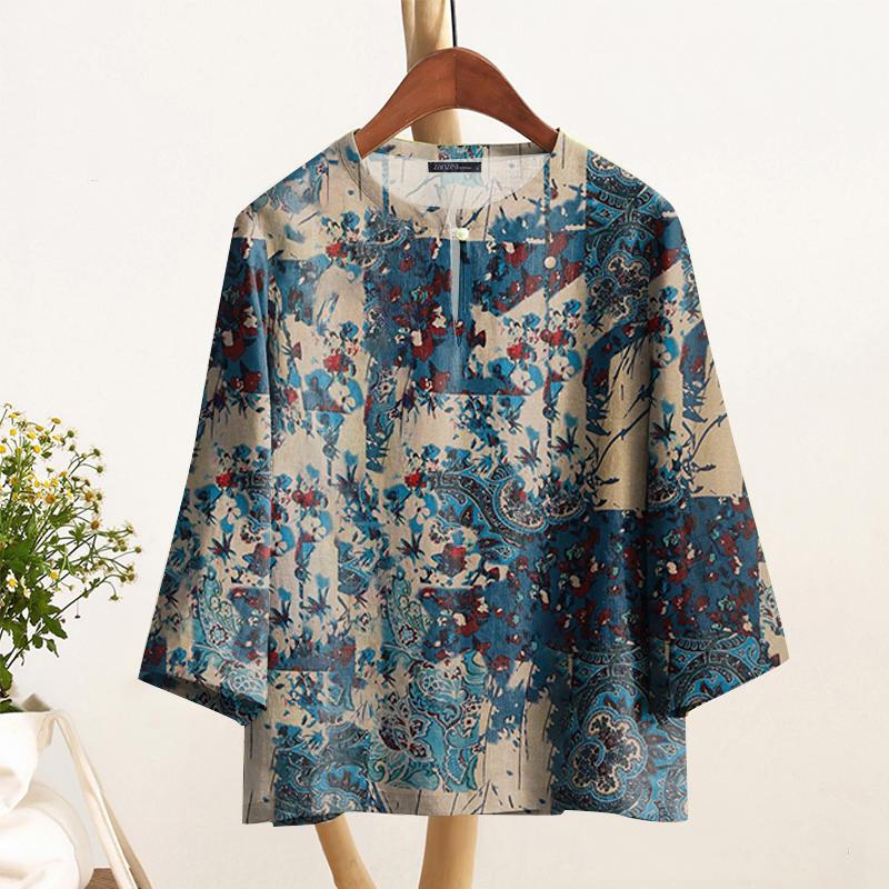 

ZANZEA Женская свободная повседневная блузка с этническим принтом и рукавом 3/4 XL синий