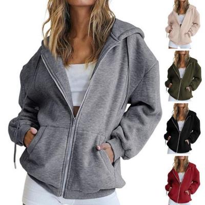 Autumn Women Hoodie Warm Cardigan Solid Color Zipper Hooded Long Sleeves Drawstring Loose Fit Coat