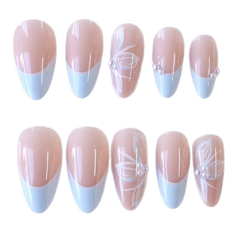 European And American Manicures Are Simple, Small, Fresh, Light Blue French Butterfly Pearl Long Almond Armor
