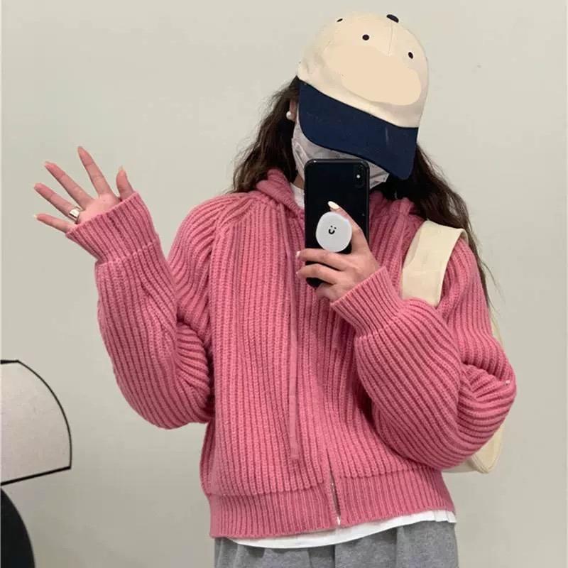 Autumn Winter Women Hooded Zipper Knitted Sweater New Loose Long Sleeved Cardigan Jackets Short Coats Sweet Casual Elegant Solid Color Clothing